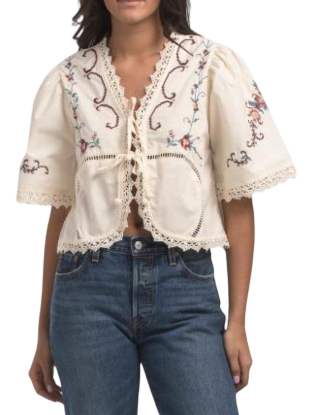 Jennifer & Grace Embroidered Floral Cream Lace-Trim Tie-Front Top Jacket Plus 2X